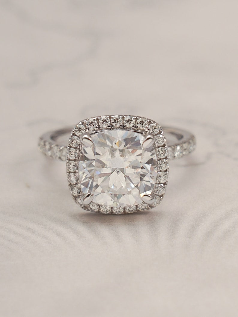 Stunning 1.0 - 2.0 CT Cushion Moissanite Engagement Ring with Pave & Halo Design 1