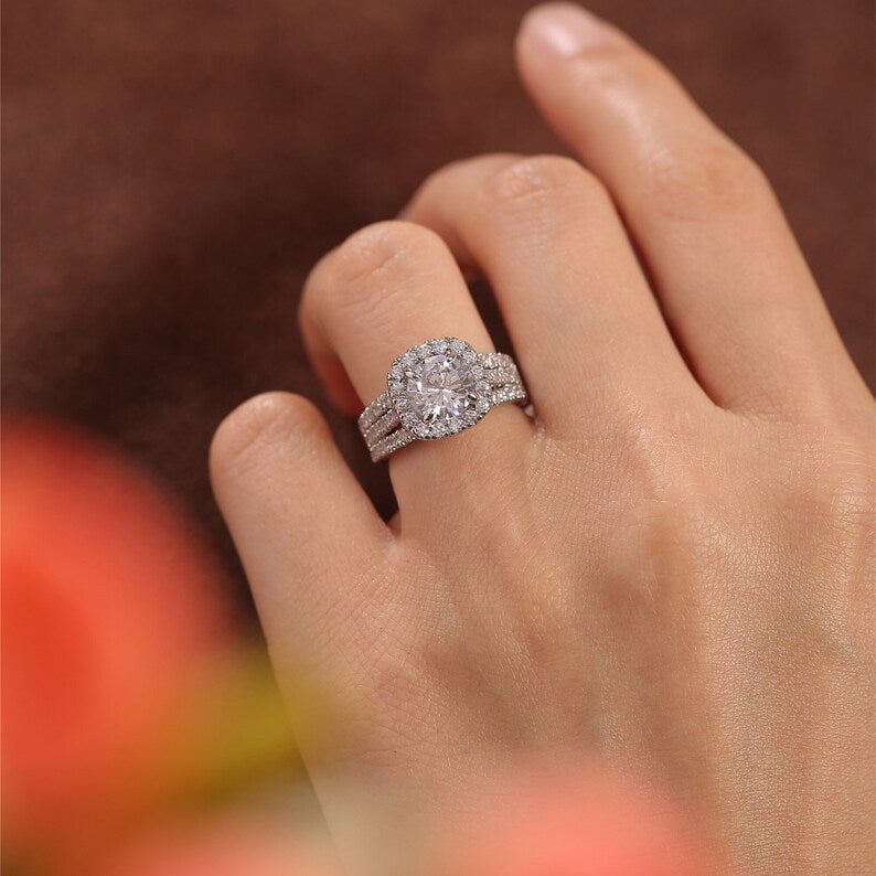 
                  
                    3.0 CT Round Shaped Moissanite Engagement Ring With Halo Split Shank Pave Style
                  
                