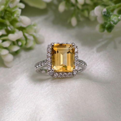 3 CT Emerald Cut Pave Style Citrine Ring 6