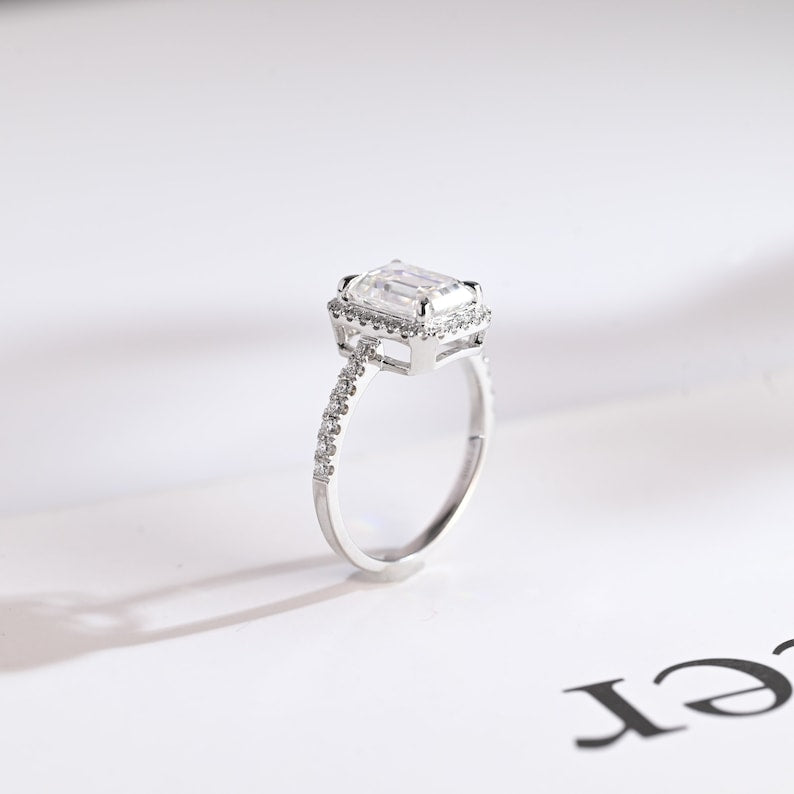 Stunning 1.0 - 2.0 CT Emerald Moissanite Engagement Ring with Pave and Halo Design 5