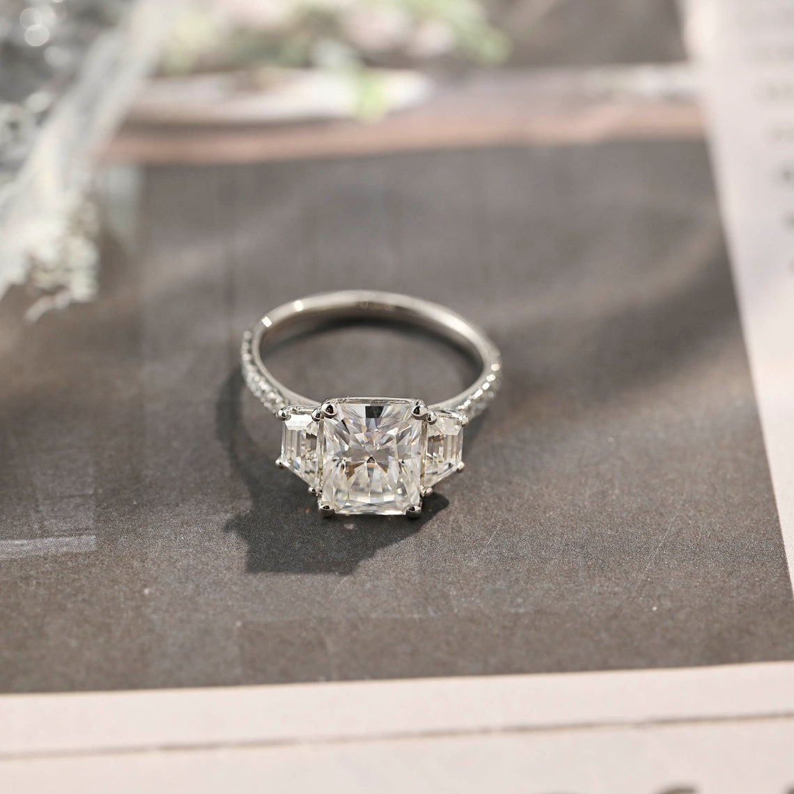 Stunning 4.0 CT Radiant Moissanite Engagement Ring with 3 Stones & Pave Design 1