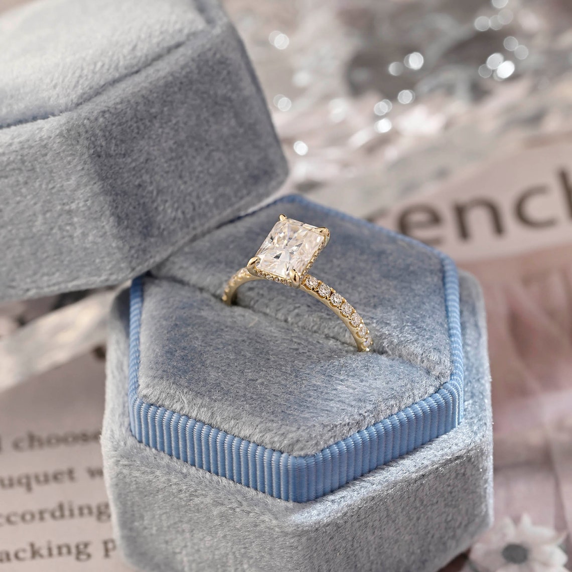 Stunning 3.0 CT Radiant Moissanite Engagement Ring with Pave & Hidden Halo Design 8