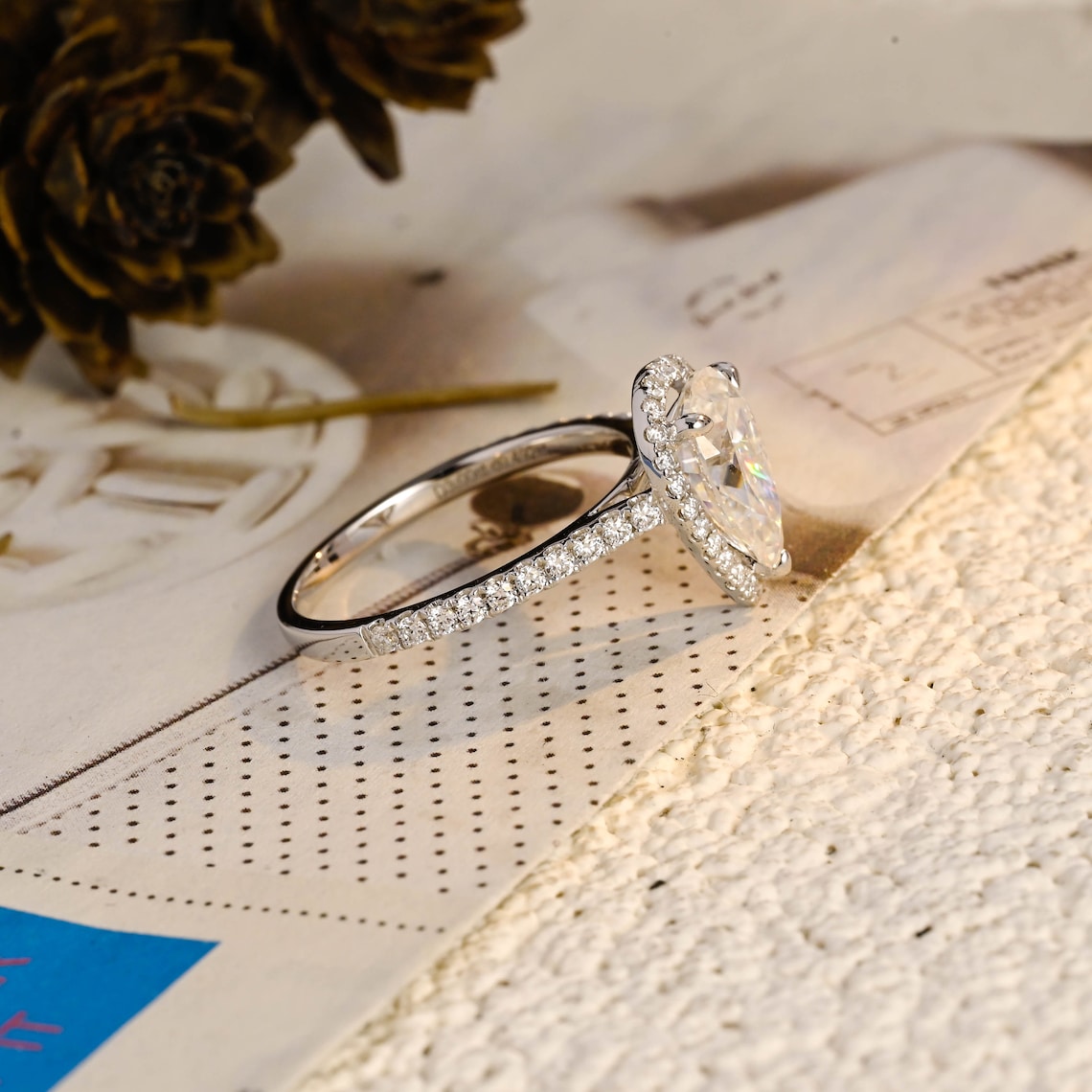 Stunning 1.0 CT Pear Moissanite Engagement Ring with Halo & Pave Design 2