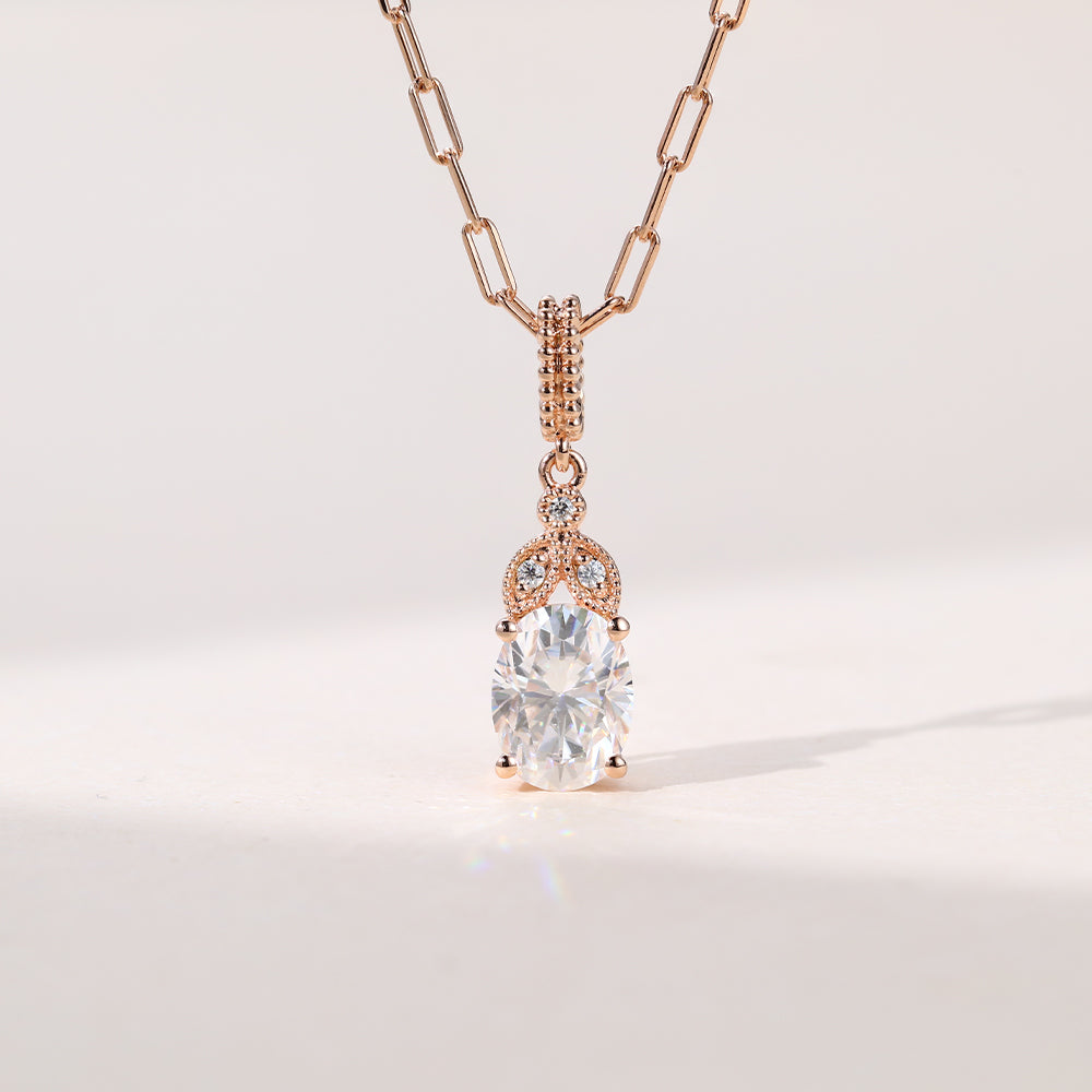 1.20 CT Oval Moissanite Diamond Milgrain Pendant Necklace in Solid Gold 1