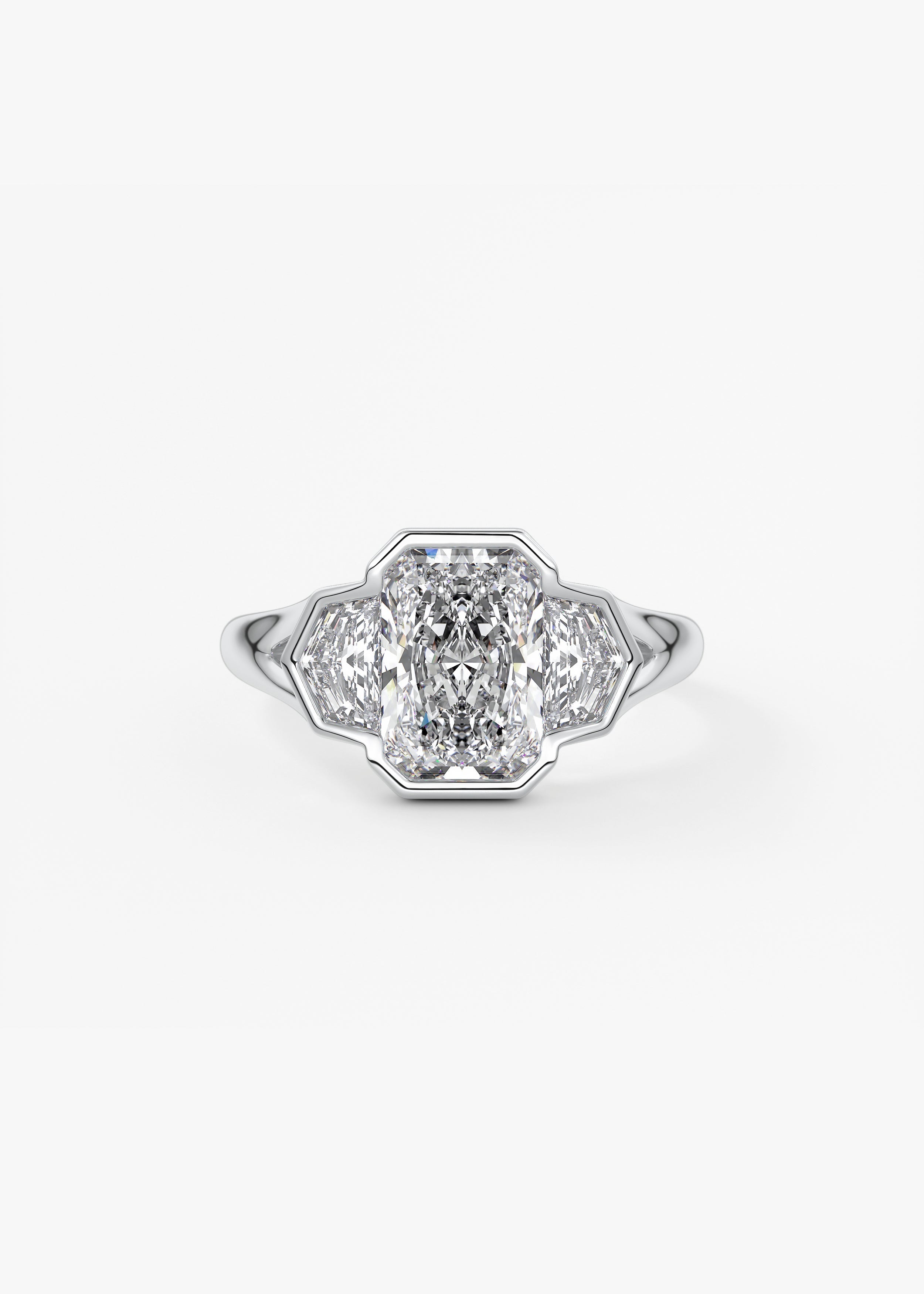 Radiant Three Stone/Bezel Lab Grown Diamond Engagement Ring