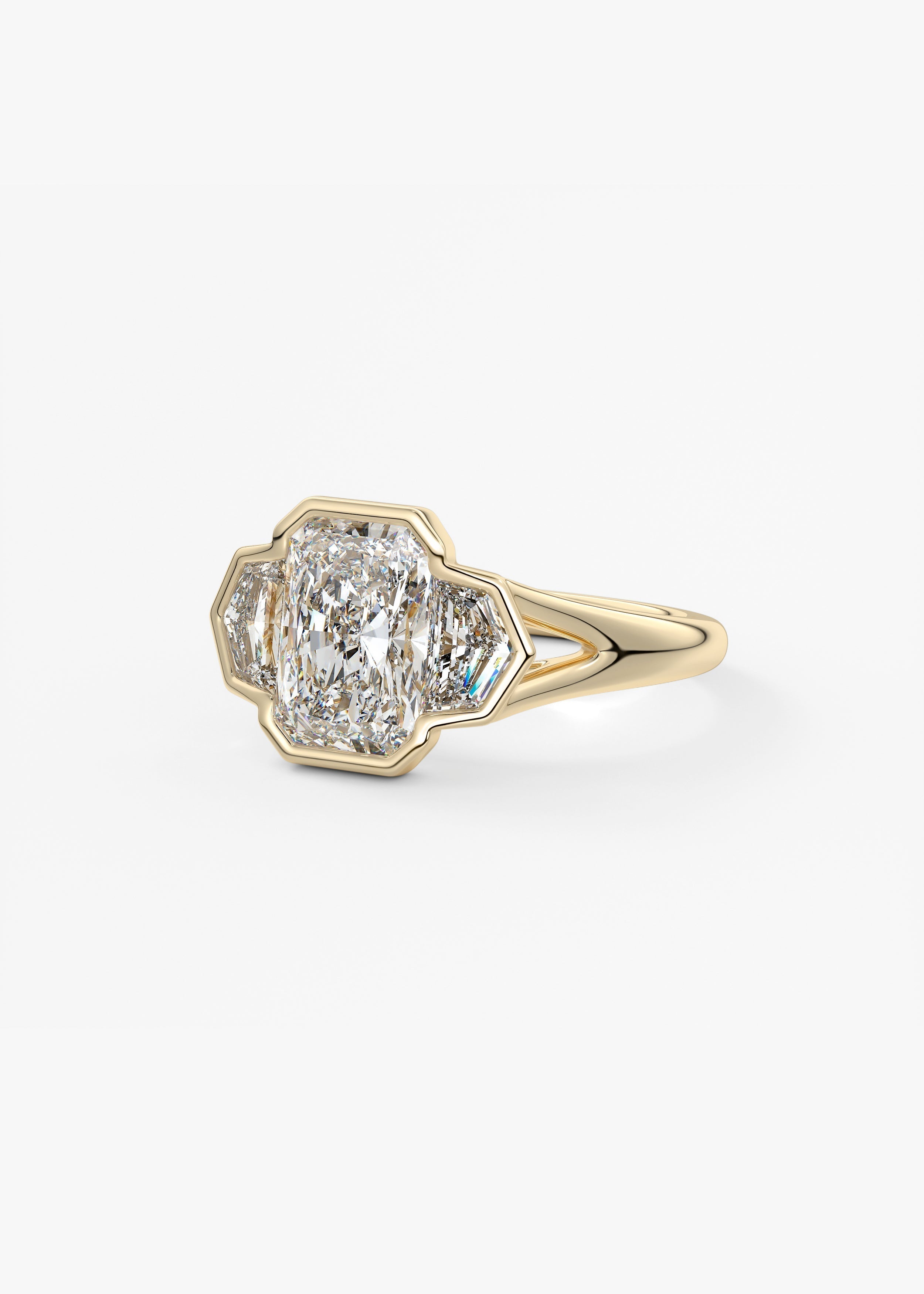 Radiant Three Stone/Bezel Lab Grown Diamond Engagement Ring