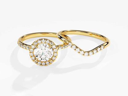 1.0 CT Round Cut Moissanite Halo Bridal Ring Set with Curved Wedding Bands 1