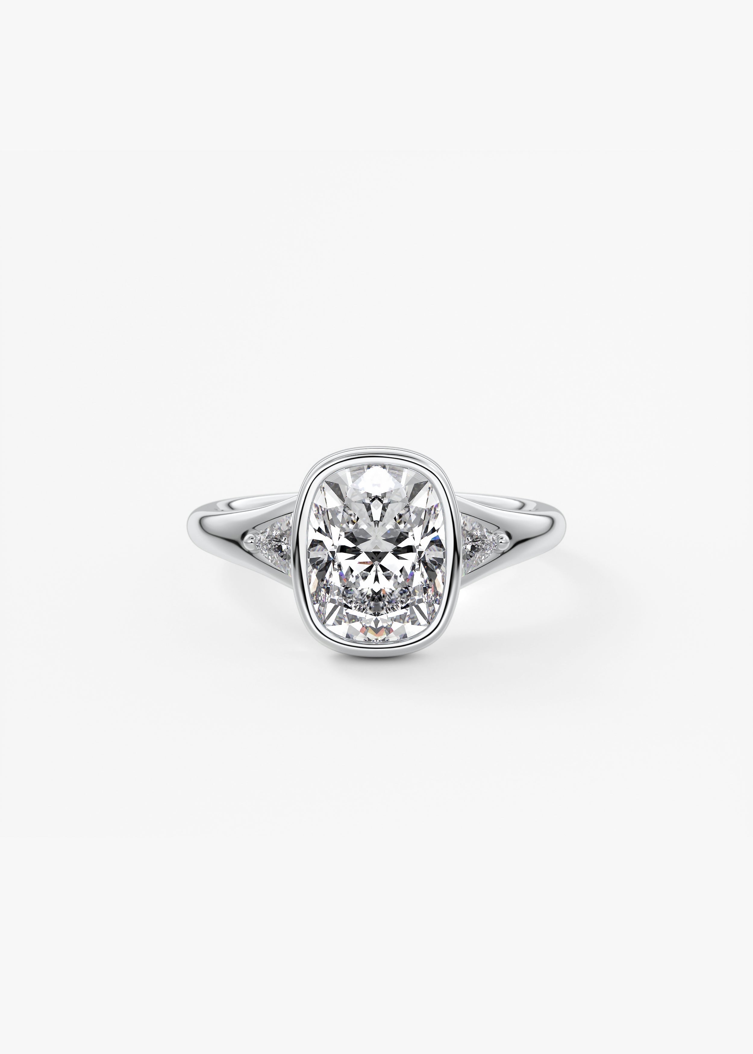 Elongated Cushion Three Stone Bezel Lab Grown Diamond Engagement Ring