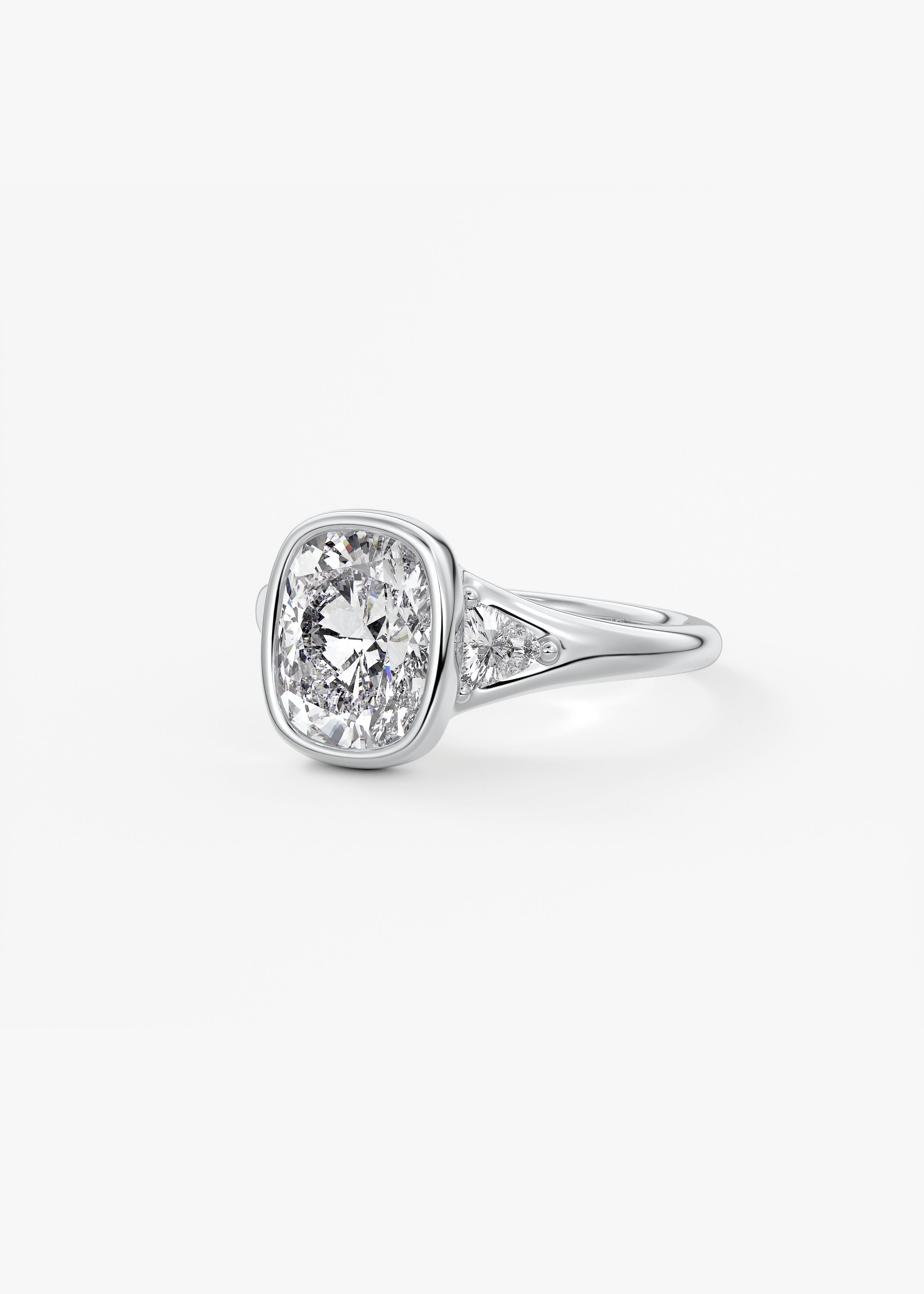 Elongated Cushion Three Stone Bezel Lab Grown Diamond Engagement Ring