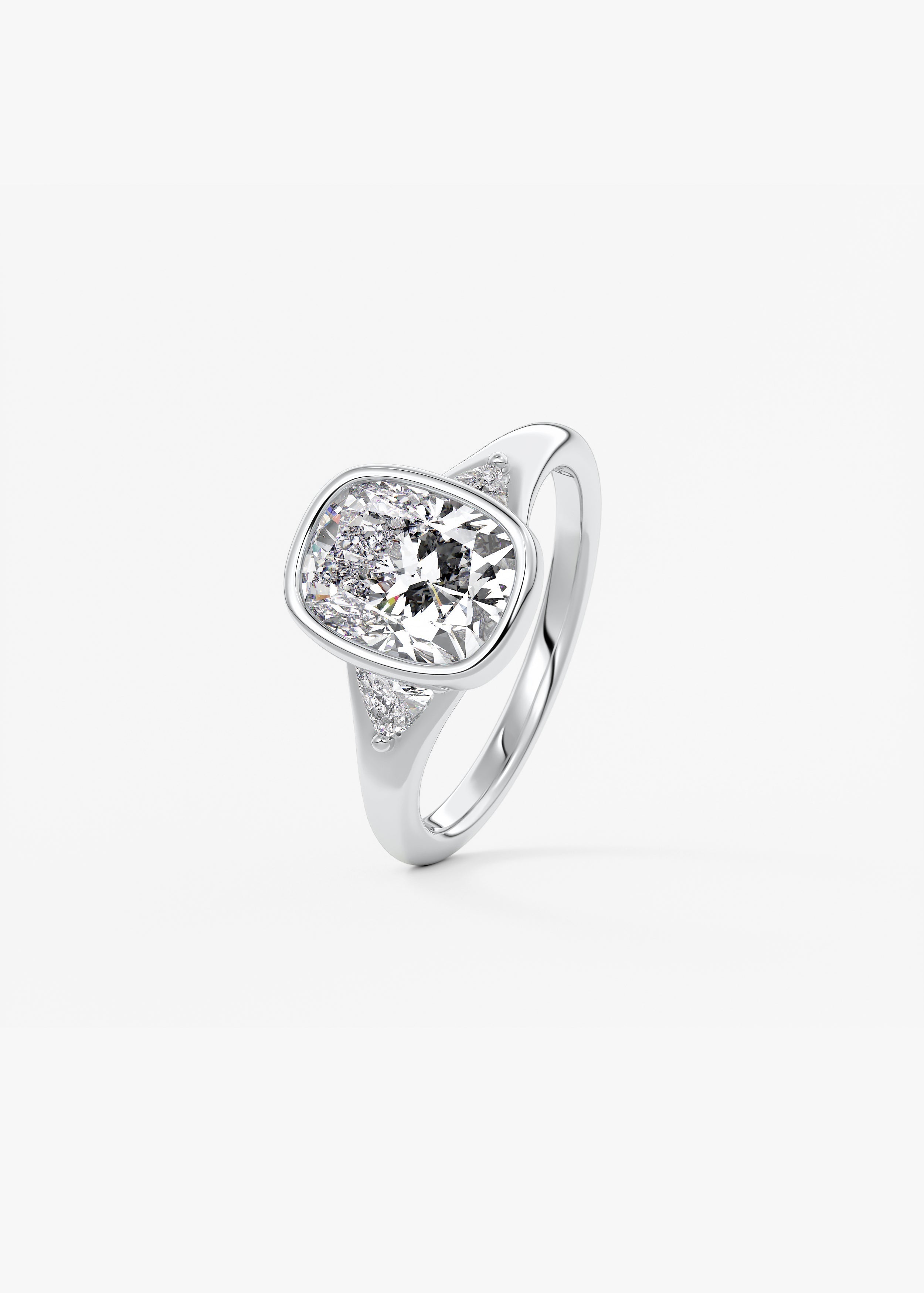 Elongated Cushion Three Stone Bezel Lab Grown Diamond Engagement Ring