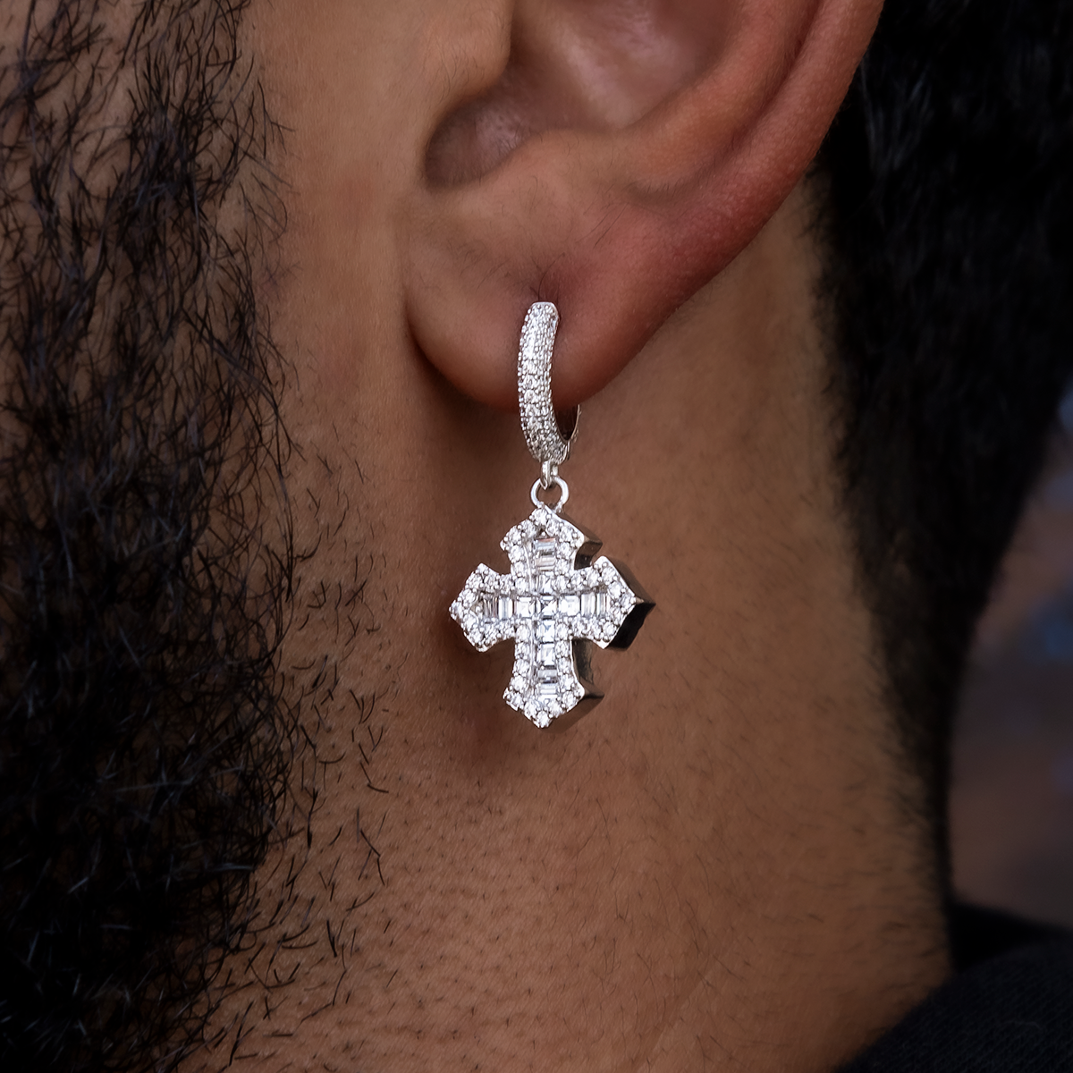 3 CT Baguette & Round Moissanite Gothic Cross Hoop Silver Earrings for Him 2