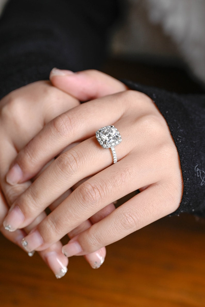 Stunning 1.0 - 2.0 CT Cushion Moissanite Engagement Ring With Pave & Halo Design 4