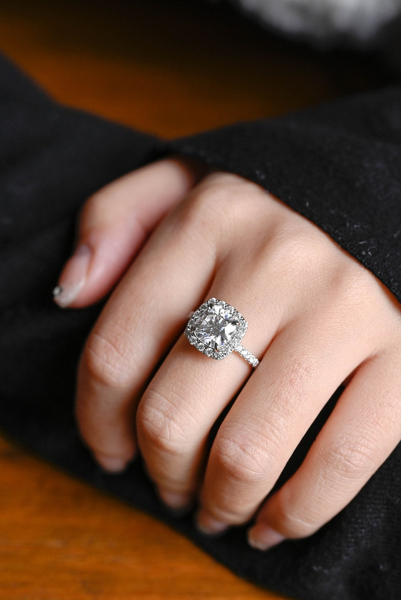 Stunning 1.0 - 2.0 CT Cushion Moissanite Engagement Ring With Pave & Halo Design 6