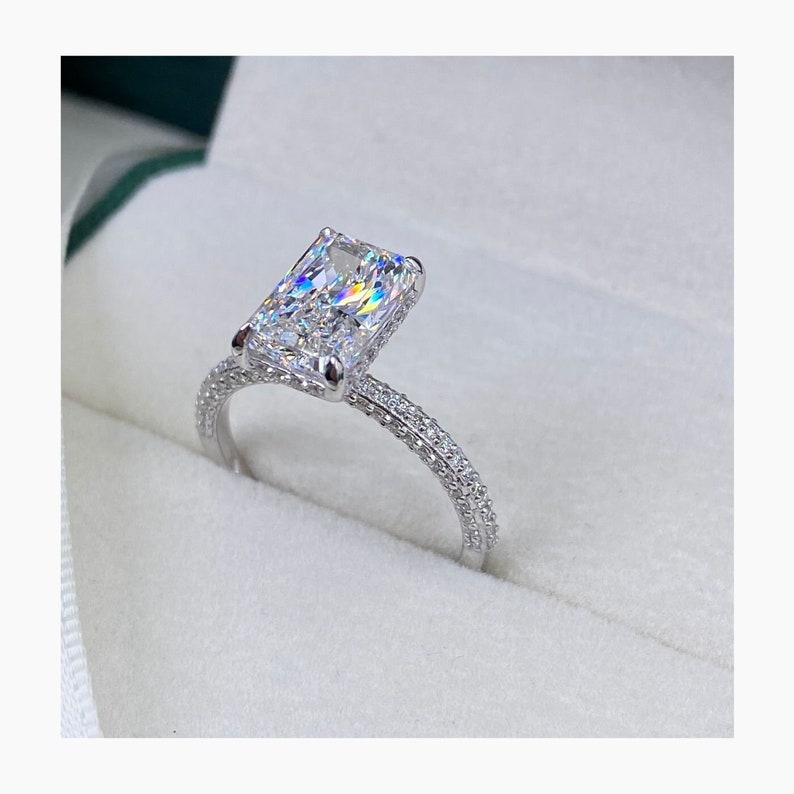 Stunning 2.5 CT Radiant Moissanite Engagement Ring with Pave and Hidden Halo Designs 7