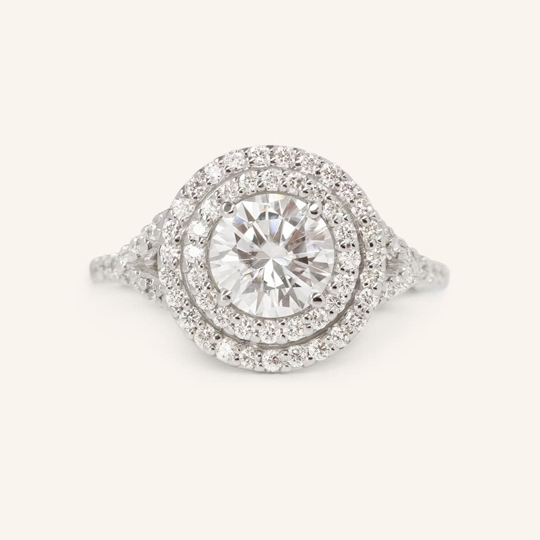 Stunning 1.0 CT Round Moissanite Engagement Ring with Double Halo and Pave Design 2