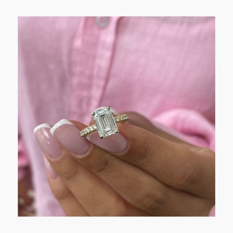 Stunning 3.10 CT Emerald Moissanite Engagement Ring with Hidden Halo & Pave Design 6