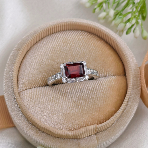 2.0 CT Emerald Cut Pave Style Red Garnet Ring 7