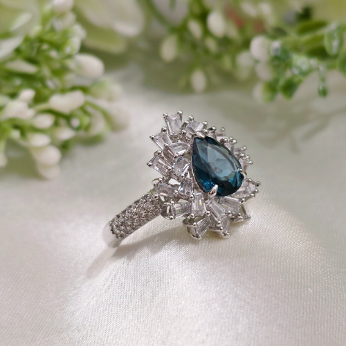 1.0 CT Pear Cut Flower Style London Blue Topaz Ring 6