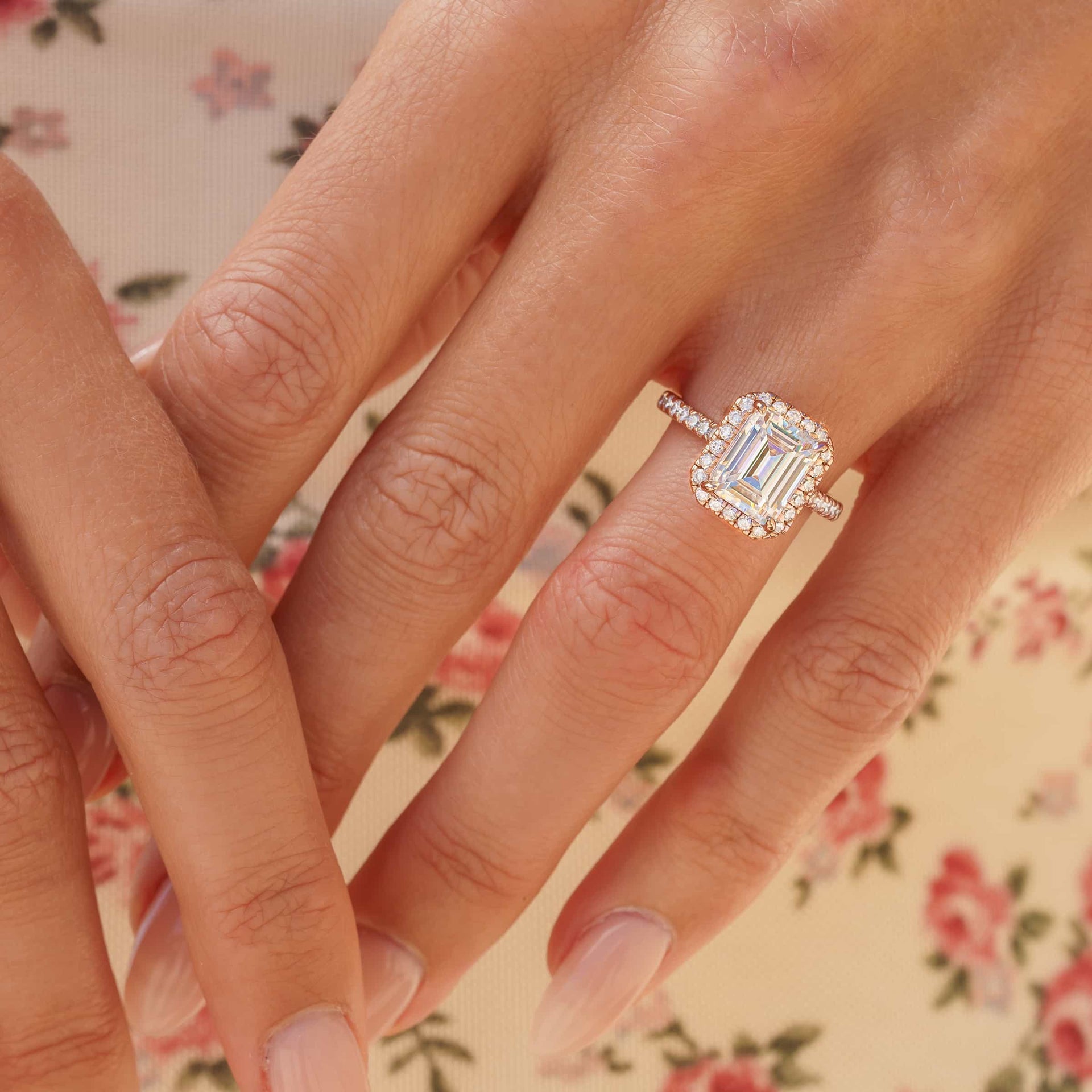 Stunning 3 CT Emerald Moissanite Engagement Ring with Pave and Halo Design 7