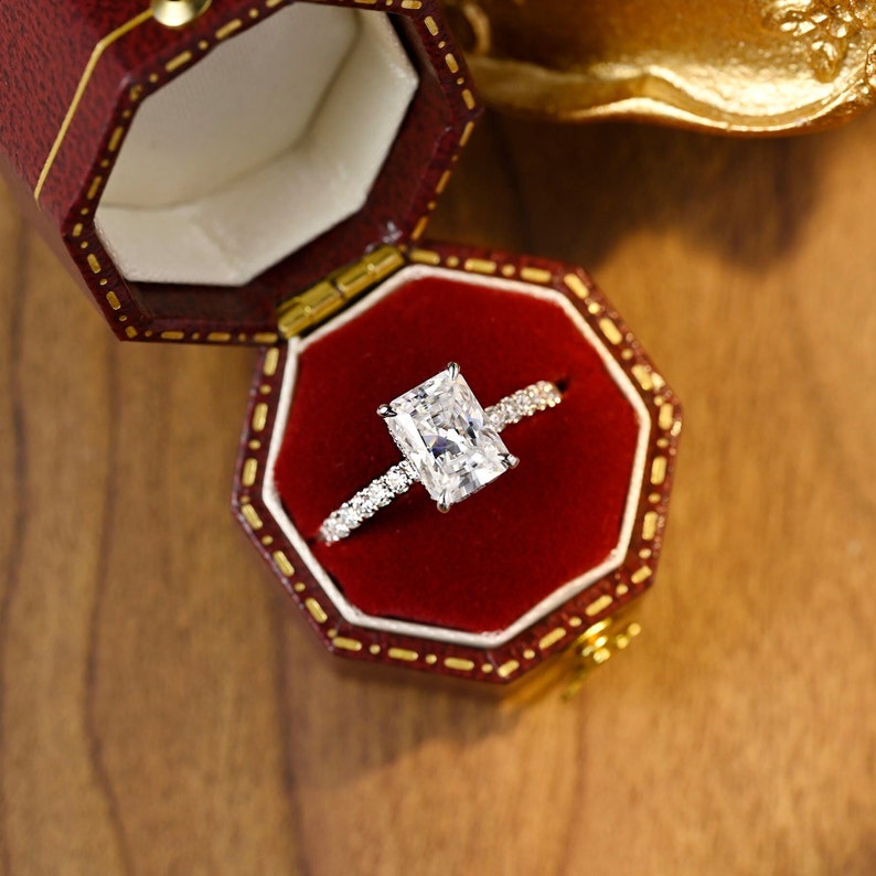 Stunning 3.0 CT Radiant Moissanite Engagement Ring with Pave &  Hidden Halo Design 1