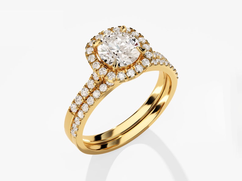 1.0 CT Round Cut Moissanite Halo Bridal Ring Set with Half Eternity Wedding Bands 2