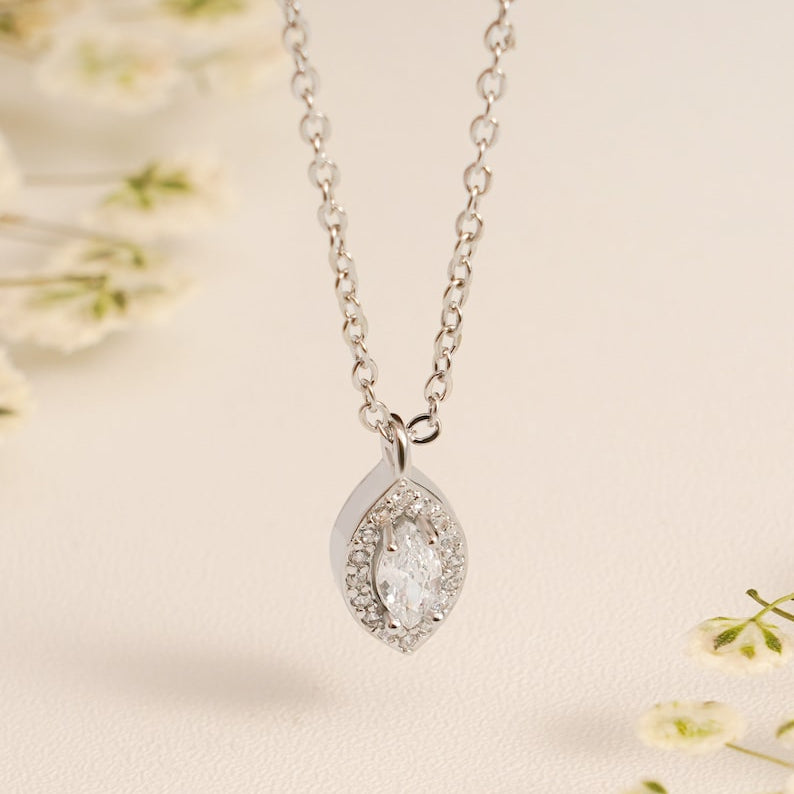 0.30 CT Marquise Moissanite Diamond Halo Pendant Necklace in Solid Gold 1