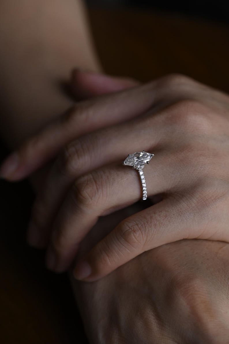 Stunning 1.0 - 2.0 CT Marquise Moissanite Engagement Ring with Pave Design 6