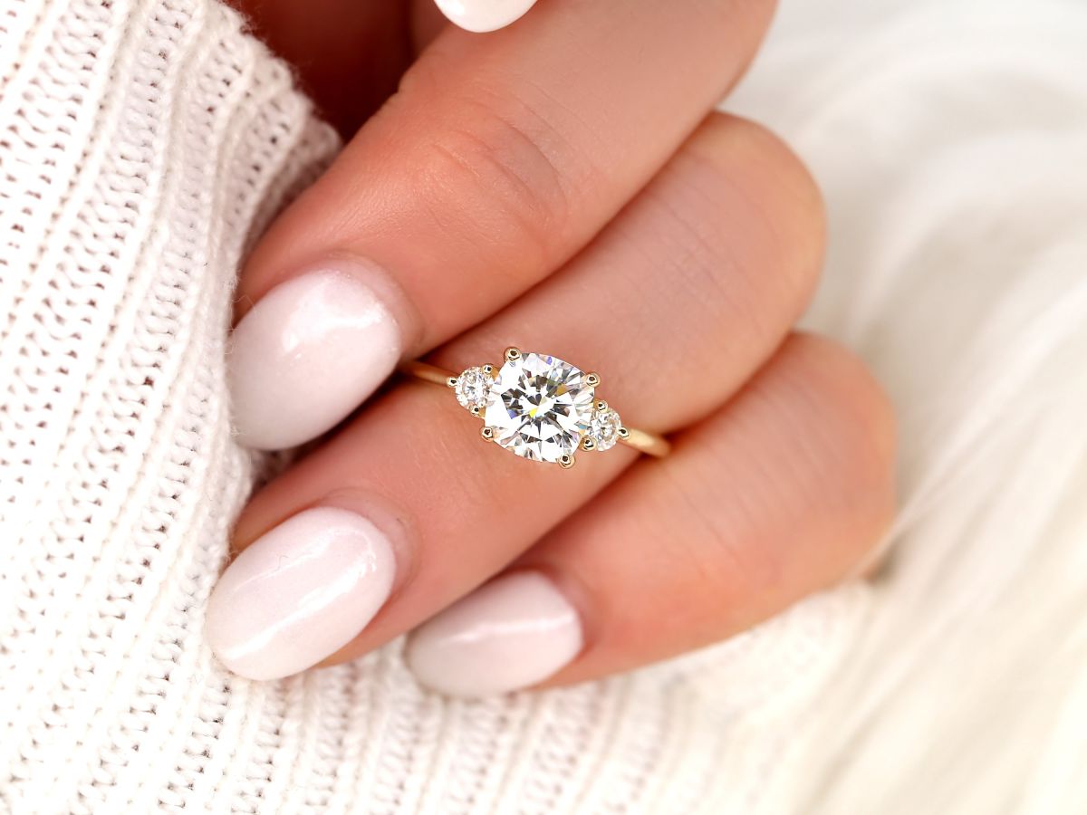 Stunning 1.70 CT Cushion Moissanite Engagement Ring with Three Stone Design 7