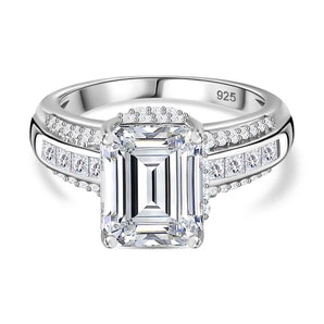 Emerald Cut Halo and Channel Pave Style Cubic Zirconia in 925 Sterling Silver Ring