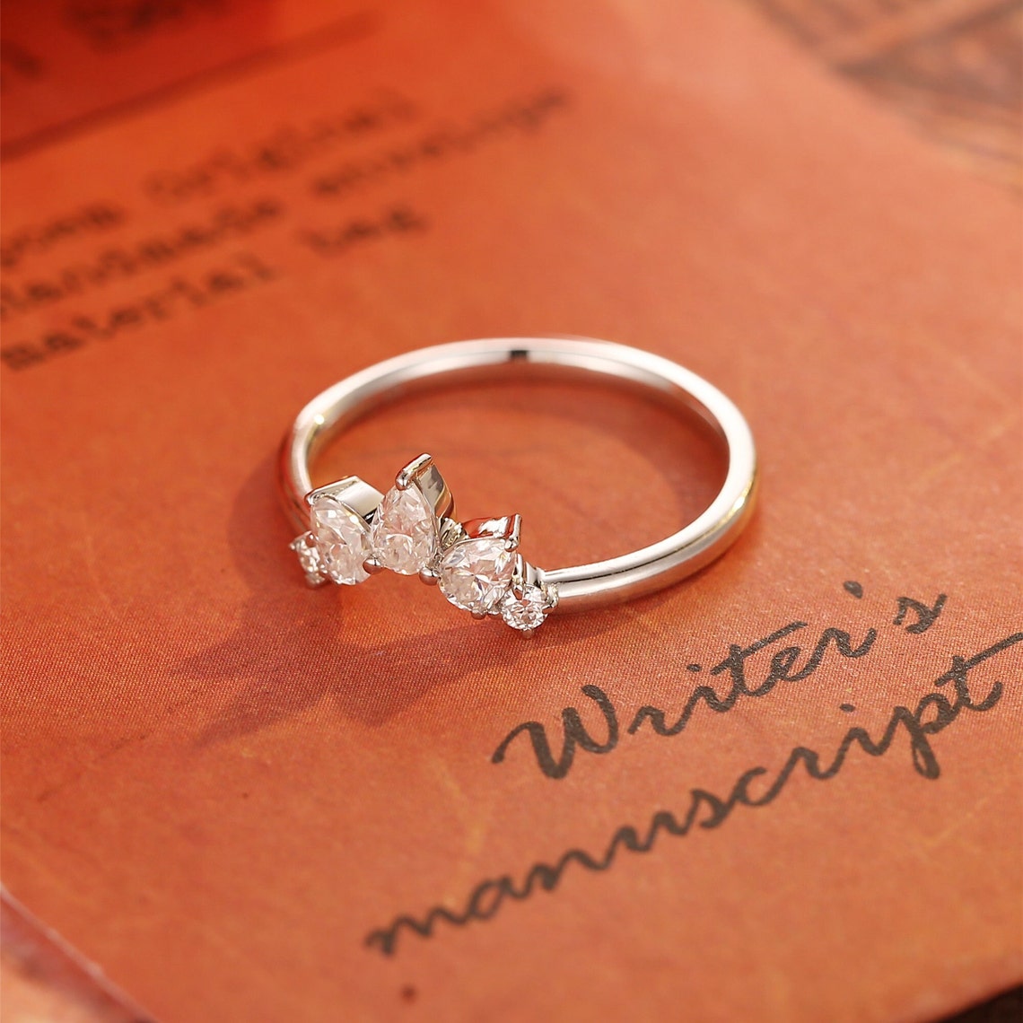 0.2 TCW Pear & Round Cut Moissanite Bridal Wedding Band With Curved Shank 3