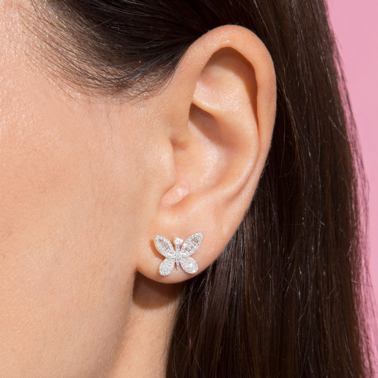 2.0 TCW Round & Baguette Cut Moissanite Butterfly Stud Earrings in Gold 6
