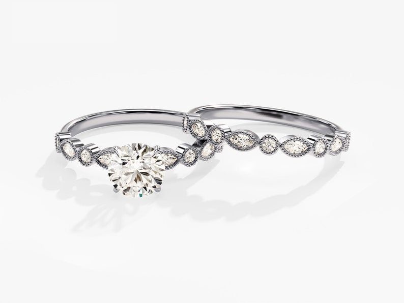 1.50 CT Round Cut Moissanite Bridal Ring Set with Marquise & Round Wedding Bands 3