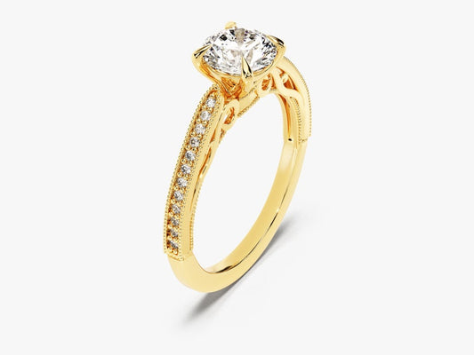 Stunning 1.0 CT Round Moissanite Engagement Ring with Milgrain Pave Design 2