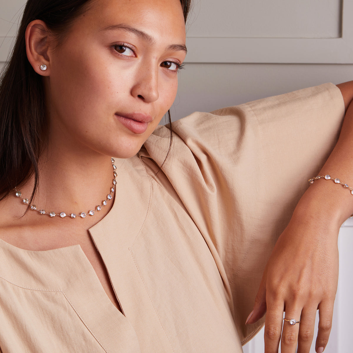 Round Moonstone Lab Made Diamond- June Birthstone Choker Necklace 2