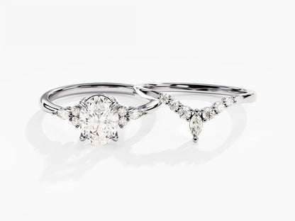 1.50 CT Oval Cut Moissanite Cluster Bridal Ring Set with Round Curved Wedding Bands 4