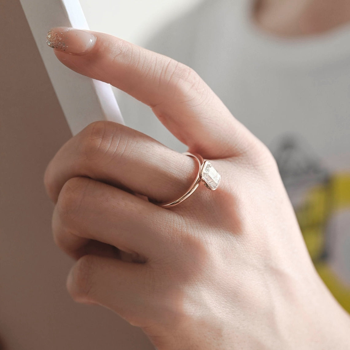 1.0 CT Emerald Cut Moissanite Engagement Ring with Half Bezel Design 5