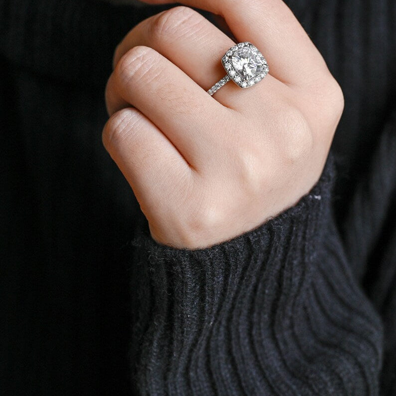 Stunning 1.0 - 2.0 CT Cushion Moissanite Engagement Ring With Pave & Halo Design 2