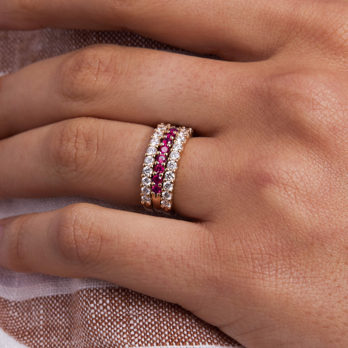 1.1 TCW Round Ruby Lab Made Diamond- July Birthstone Half Eternity Wedding Band 9