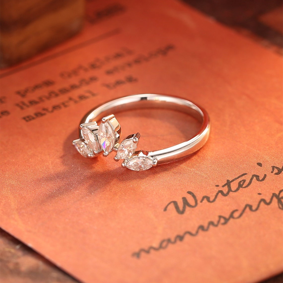 0.15 TCW Marquise Cut Moissanite Bridal Wedding Band With Curved Shank 6