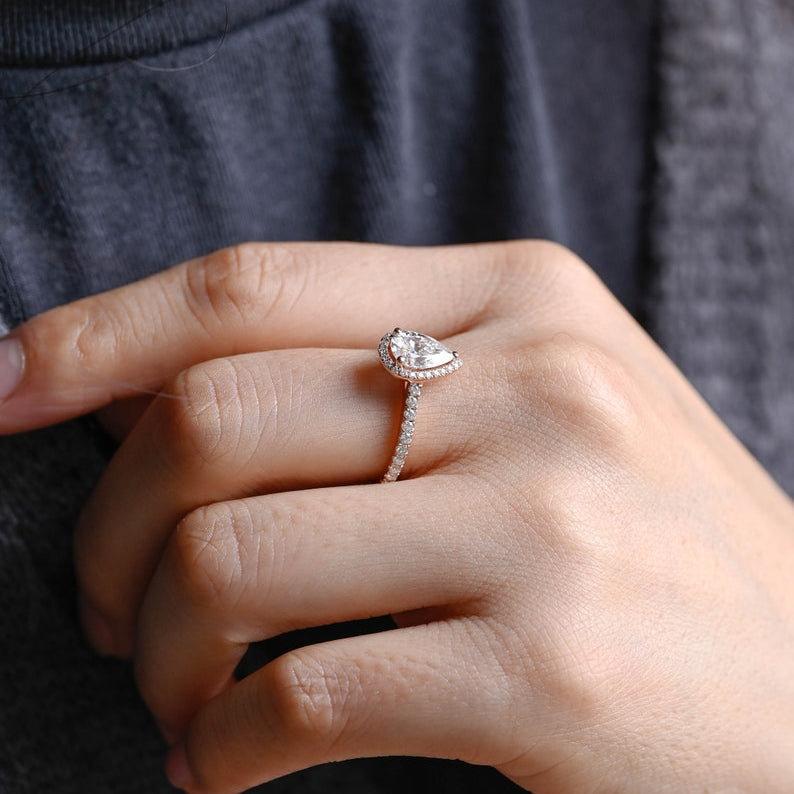 Stunning 1.0 - 2.0 CT Pear Moissanite Engagement Ring with Pave & Halo Design 2