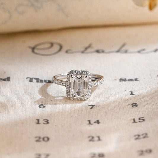 Stunning 1.0 CT Emerald Cut Moissanite Engagement Ring with Halo Pave Design 1