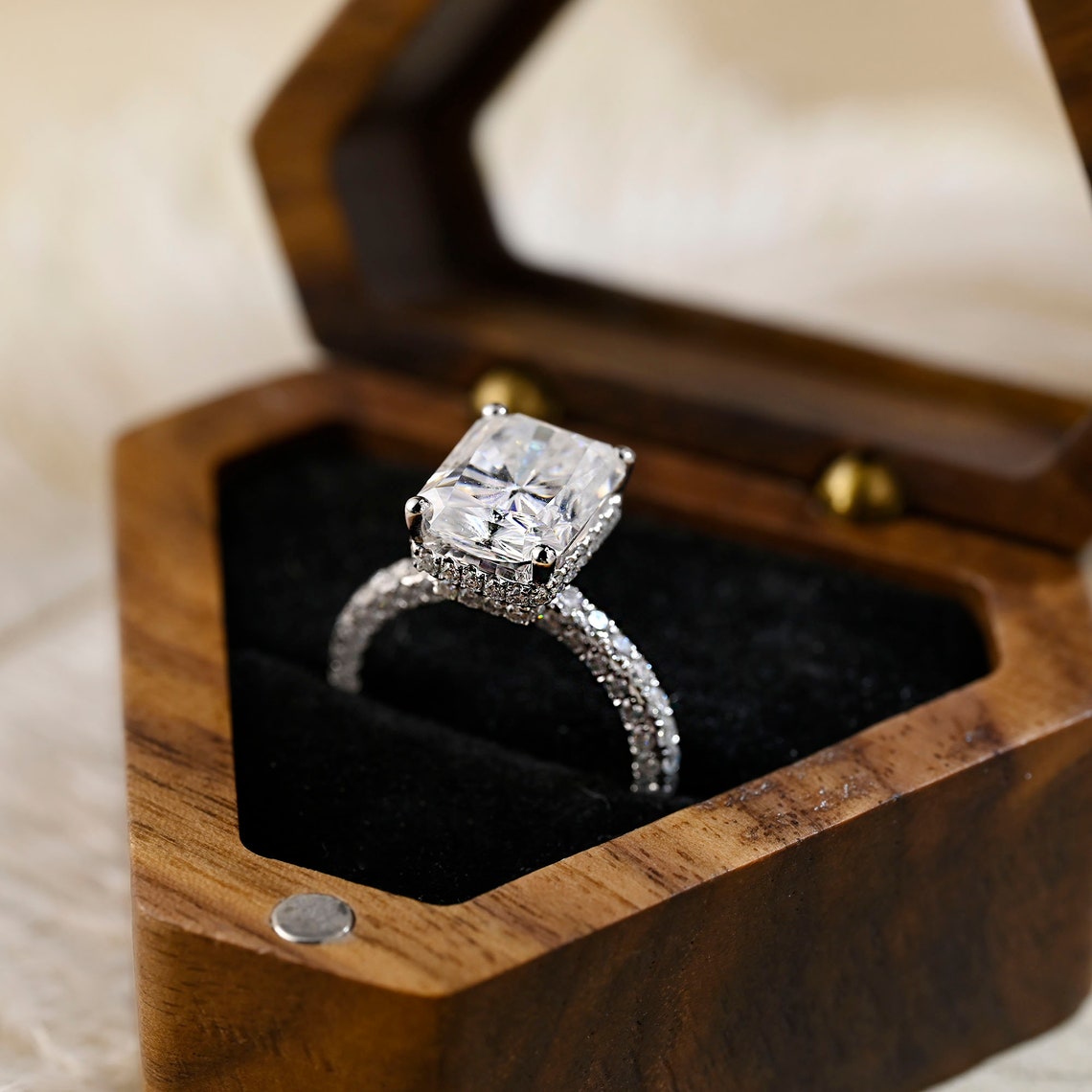 Stunning 3.0 CT Radiant Moissanite Engagement Ring with Pave & Hidden Halo Design 3