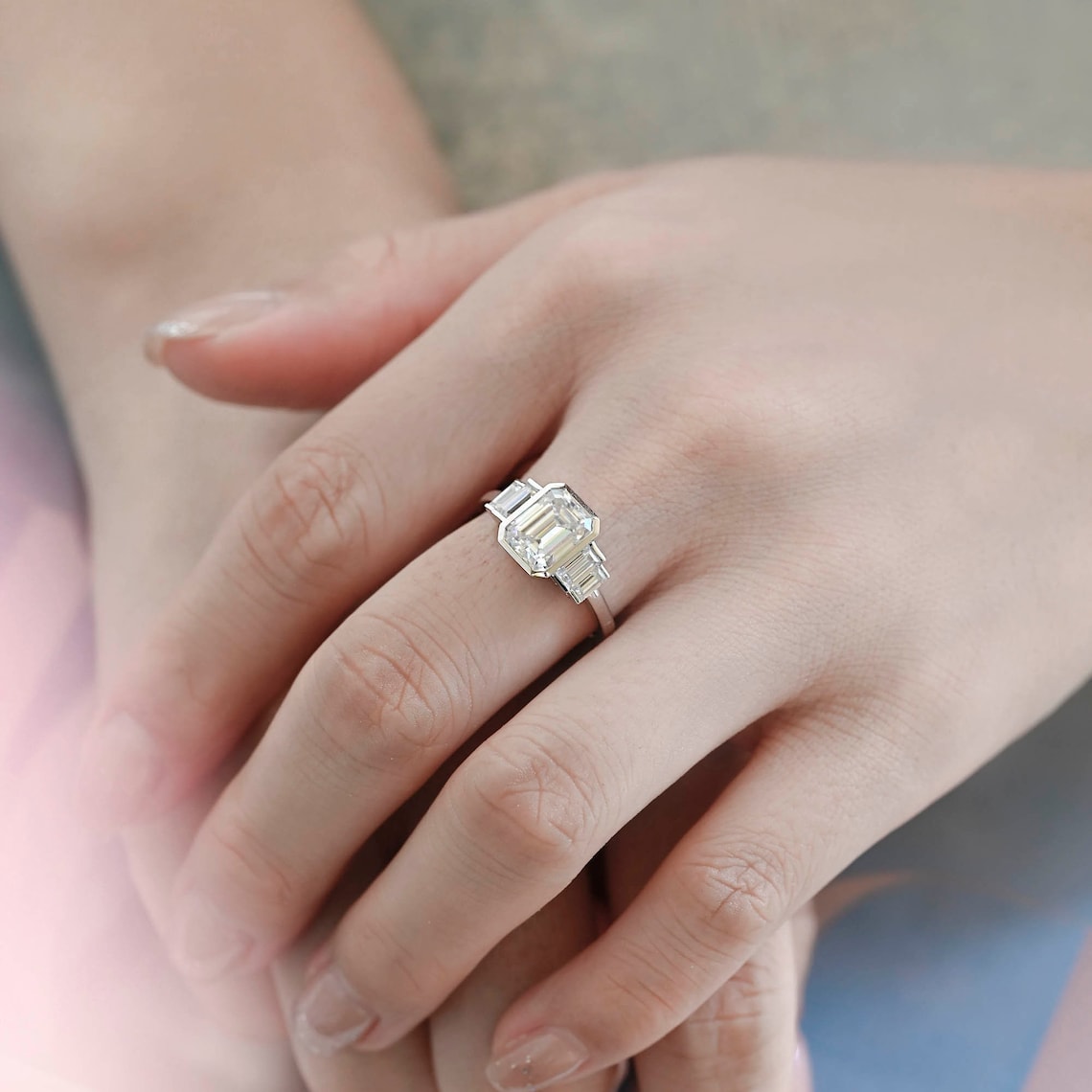 3.0 CT Emerald Shaped Moissanite Engagement Ring With Five Stone Style 1