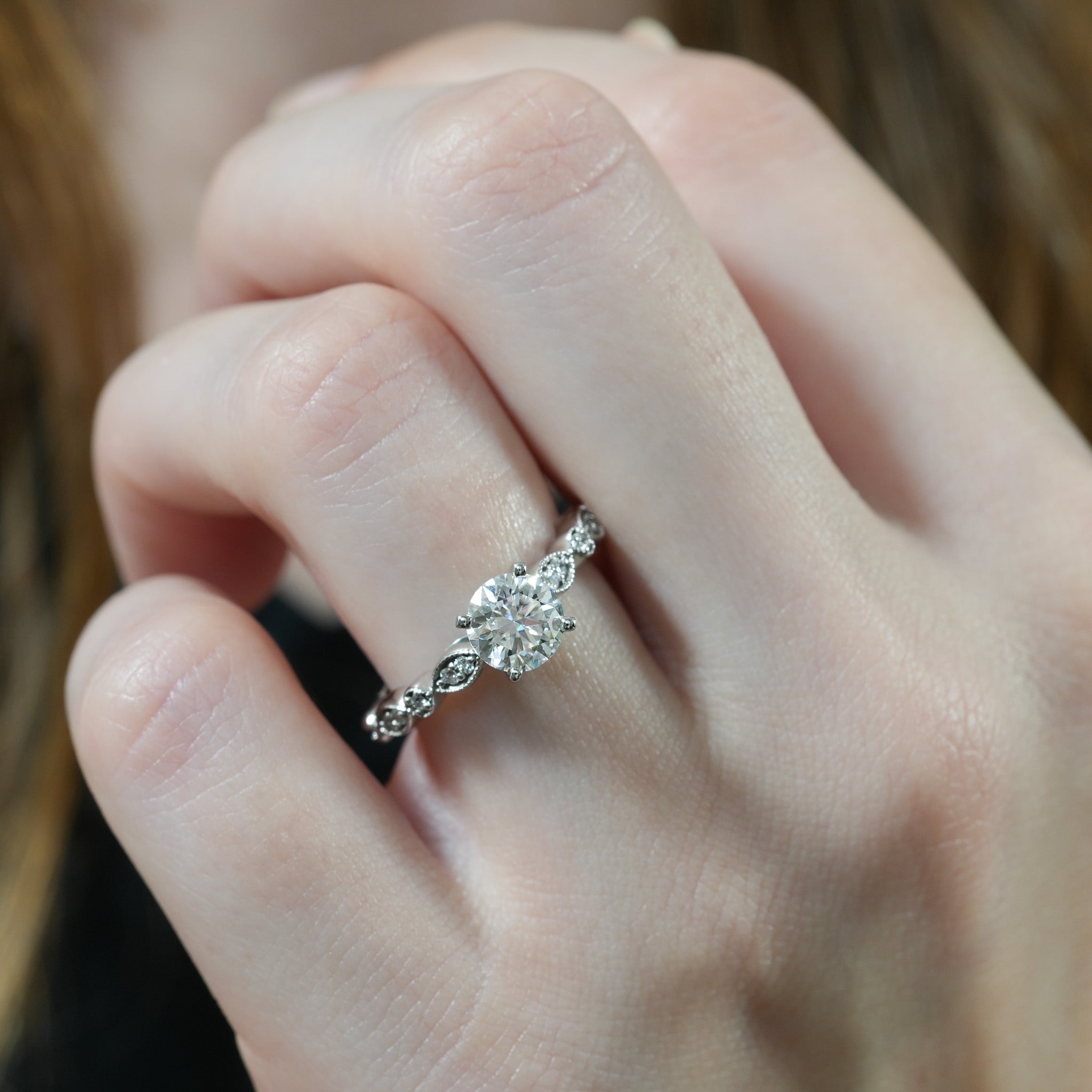 Stunning 0.50-1.50 CT Round Moissanite Engagement Ring with Two Tone & Milgrain Pave Design 6