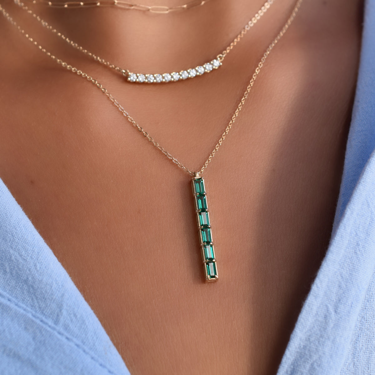 2 TCW Baguette Emerald Lab Made Diamond-May Birthstone Necklace 9
