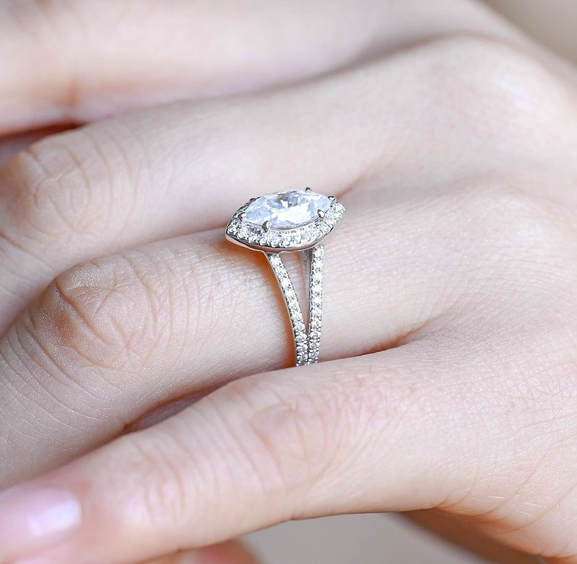 Stunning 1.0 CT Marquise Cut Moissanite Engagement Ring with Halo Split Shank Pave Design 9
