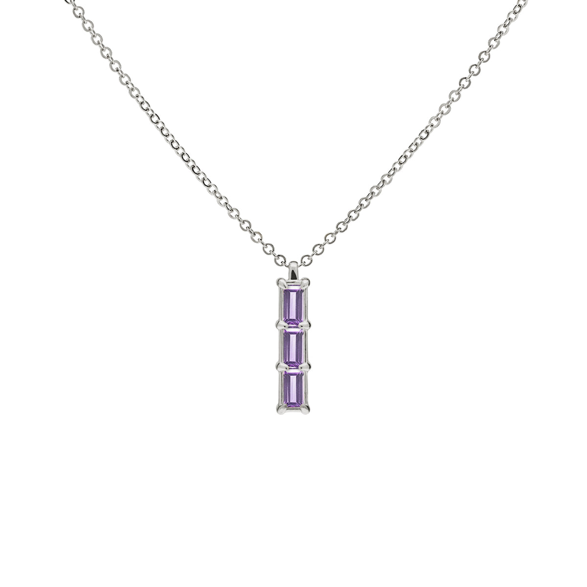 0.42 TCW Baguette Amethyst Lab Made Diamond- February Birthstone Three Stone Necklace 8