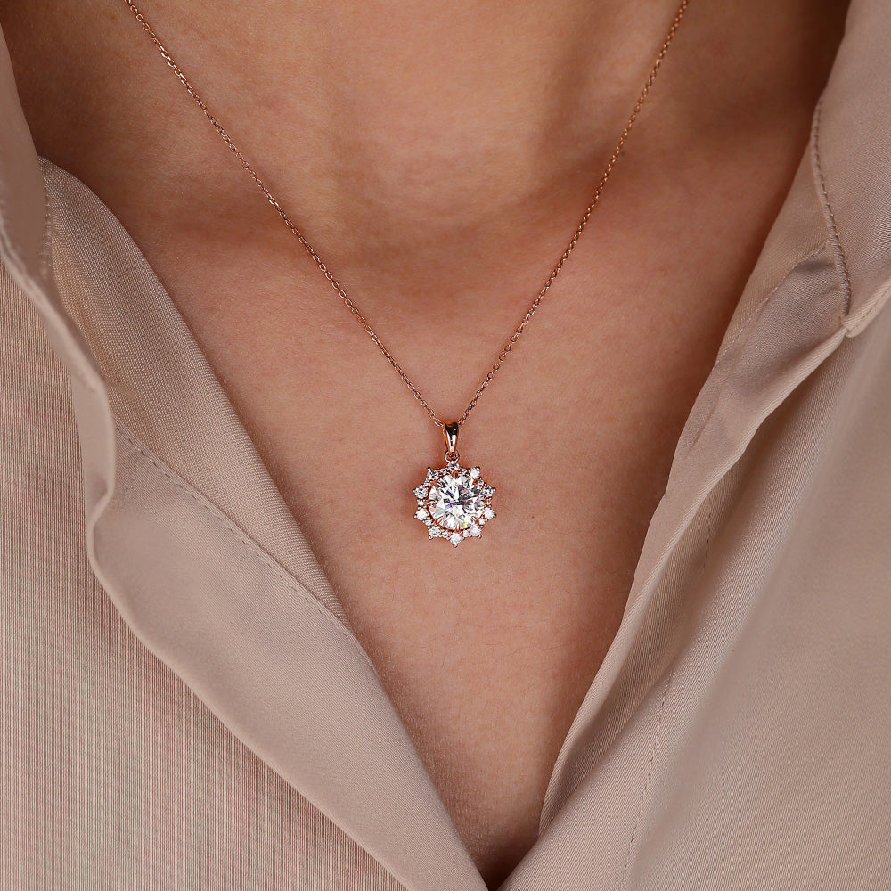 2.20 TCW Round Moissanite Diamond Cluster Halo Pendant Necklace in Solid Gold 5