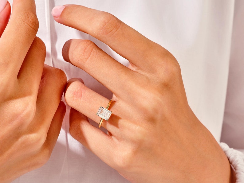 1.50 CT Emerald Cut Moissanite Solitaire Bridal Ring Set with Plain Wedding Bands 5