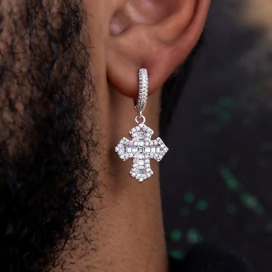 3 CT Baguette & Round Moissanite Gothic Cross Hoop Silver Earrings for Him 1